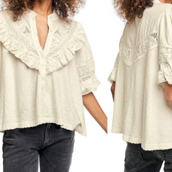 Free People Tops - Free People Walk in the Park Cottagecore Cream Lacy Button Up Top (M)